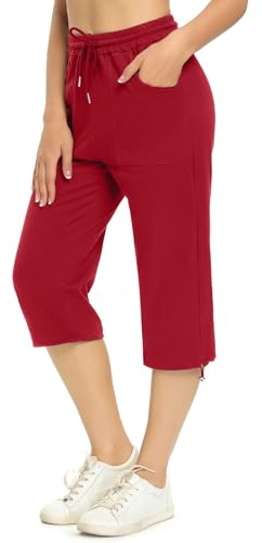Totatuit Pantaloni Capri Donna Estivi Sportivi 3/4 in Cotone Regolabile Con Tasca Pinocchietto Cropped Rosso Intenso XXL