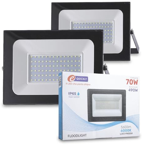 E-QUICKLY faretti LED da esterno - 70W, potente proiettore da 5600 lumen, faretto led da esterno con luce bianca fredda 6000K, faro LED grado di impermeabilità IP65, faretti da giardino 220V, 2 PZ
