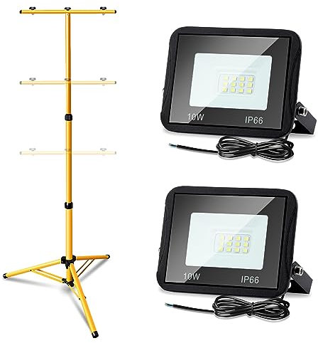Cecaylie Foco LED de construcción, 2 x 10 W, blanco cálido con trípode, 3000 K, 900 lm, resistente al agua IP66, trípode telescópico de altura ajustable para obras de construcción, garaje, sin enchufe