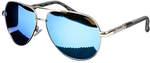 Olwen XXL Pilotenbrille für große Köpfe (polarisiert), extra groß, hoch, XL + Gratis Hartschalenetui, Blauer Spiegel, 67 mm Sonnenbrille