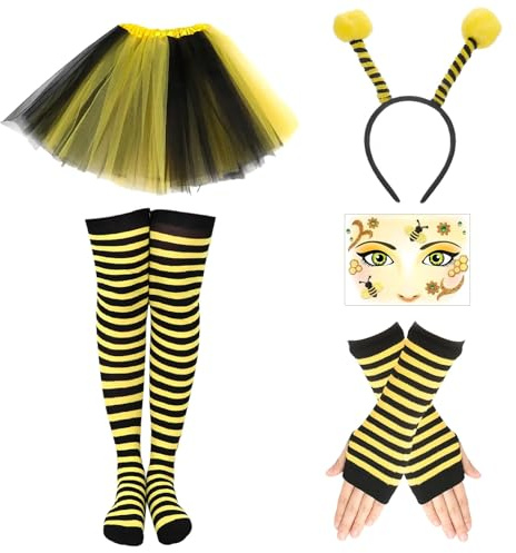 Hpbaggy Set Costume Ape per Bambini Adulti Ragazze - 5 Pezzi Con Fascia, Gonna in Tulle a Righe, Calze Sopra il Ginocchio, Guanti Lunghi, Tatuaggio Viso - Vestito Carnevale (Bambino)