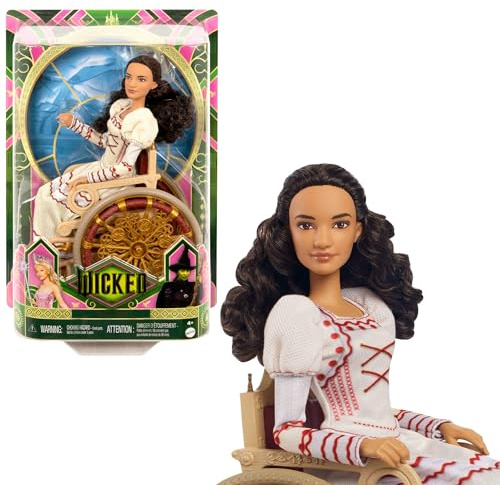 Mattel Wicked Nessarose Muñeca de moda con pelo rizado marrón y accesorios, incluye una silla de ruedas y un vestido elegante intercambiable, muñeca articulada, HXY36