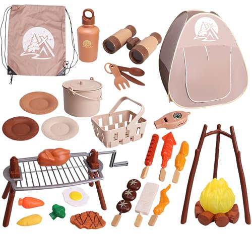 Camping & Forscherset Für Kinder,Camping Spielset Kinder,34PCS Outdoor Spielzeug mit Fernglas,Campinglampe,Kompass,Zelt,Lagerfeuer,Wasserkocher, Besteck für 3,4,5 Jahre alt Mädchen und Jungen