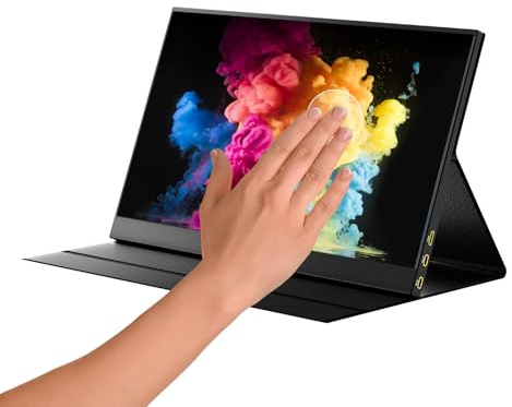 Yinker 15.6'' Portable Monitor Touchscreen, 1080P FHD 10-Point Touch Screen Monitor with Protective Magnetic Leather Cover & Speakers, USB-C Travel Monitors for Laptop, Phone, PC, Switch
