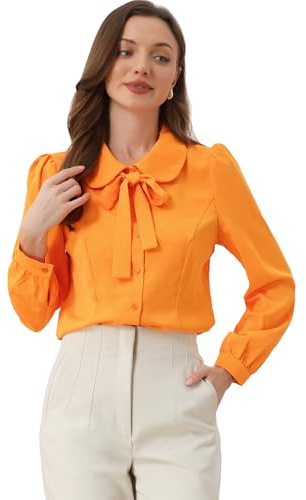 Allegra K Women's Peter Pan Collar Shirt Bow Tie Neck Vintage Casual Office Button Down Blouse Small Orange