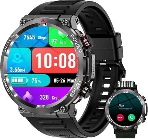 Yxtel Reloj Inteligente Hombre Militar, 1.39 Smartwatch con Llamadas Bluetooth, Monitor Cardíaco/SpO2/ Podómetro/Monitor de Sueño, 100+ Modos Deporte, IP68, iOS Android (2 Correas)