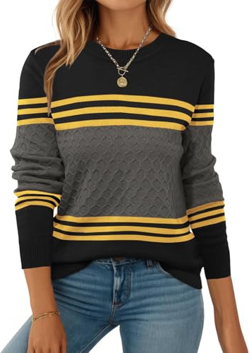 ZEAGOO Maglione da donna, a maniche lunghe, girocollo, a maglia, elegante, a righe, per autunno e inverno, S-XXL, grigio scuro, L