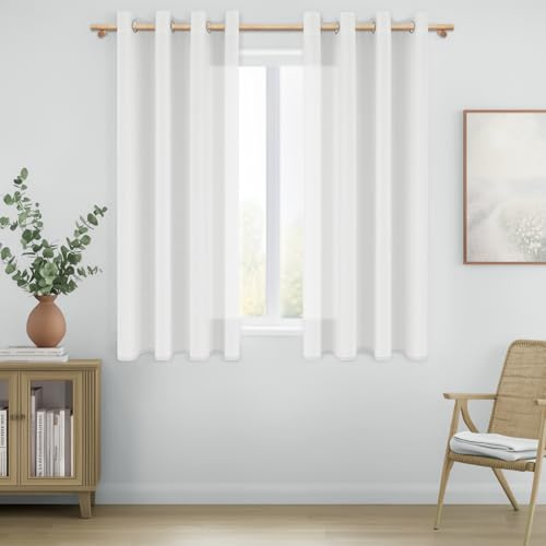 MRTREES Cortinas Cortas para Ventanas de Lino Blanco, Cortinas Blancas Dormitorio Modernas Translucidas con Ojales, 2 Piezas Visillos para Salon Cocina Comedor, Cortina de Casa Elegantes 140x160cm