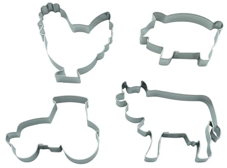 BekkiB - 4er Set Landwirt - Traktor, Schwein, Kuh & Henne - Spülmaschinengeeignete Ausstechformen aus Edelstahl - Zum Backen für Plätzchen - 998877