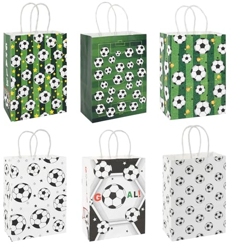 30 sacchetti per feste di calcio con manico, sacchetti regalo a tema calcio, per bomboniere di compleanno, decorazioni a tema Coppa del Mondo e sport, sacchetti in carta kraft (6 motivi)