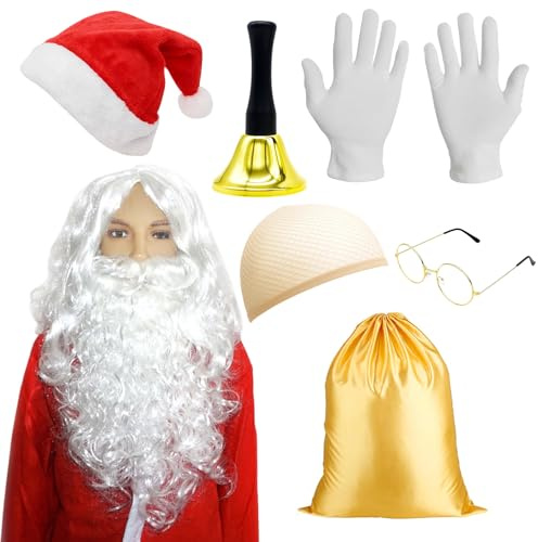 ZKFSIE Father Christmas Outfit, Complete Santa Costume Set with Hat, Wig, Beard, Glasses, Gloves, Bell and Bag for Christmas Parties, Family Photos and Festive Events