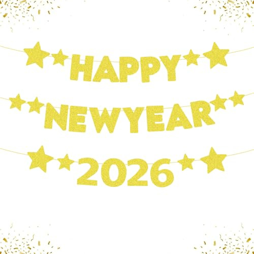ALEGRE 2026 Happy New Year girlang guld, glitter nyårsafton dekoration 2026 girlang banderoll, nyårsdekoration kransar för nyårsafton dekoration, 2026 nyår fest dekoration tillbehör