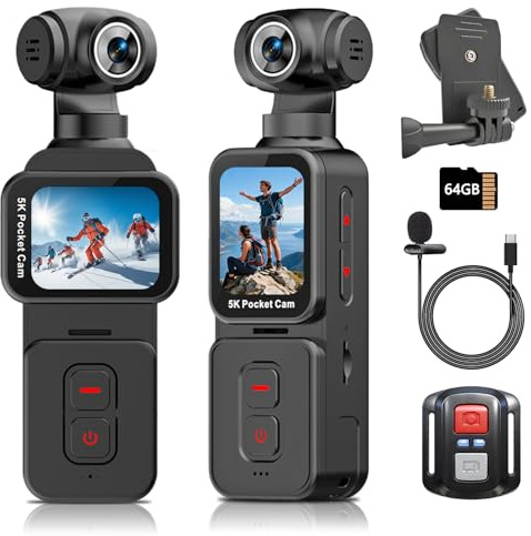 IXROAD 5K Bodycam, Mini Action Cam per Vlog POV, Obiettivo Rotante Elettrico, Tracciamento del Volto, Videocamera Portatile con Microfono Esterno, Clip e Scheda TF da 64 GB