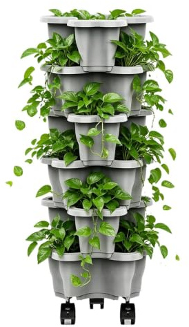 Fioriera impilabile per fragole, vaso a 6 ripiani resistente alle intemperie con ruote, vaso verticale a più livelli per erbe, fioriera verticale impilabile | Torre per piante per interni ed esterni