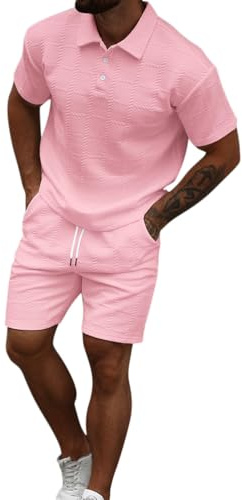Oanviso 2 Pezzi da Uomo Completi Costume da Lavoro Jogging Tute Estivo Maniche Corte Polos Camicia Maglietta Sportivi Pantaloncini Tinta Unita A Rosa M