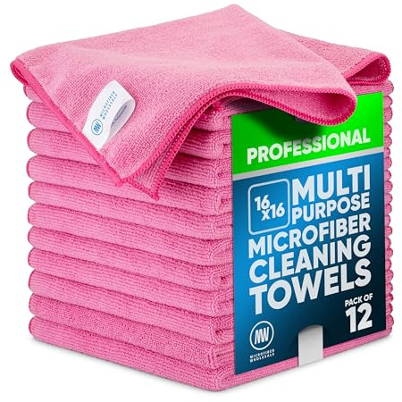 MW Pro Microfiber Cleaning Cloth | Pink | 12 Pack | 16” x 16” | All Purpose Microfiber Towels - Clean, Dust, Polish, Scrub, Absorbent