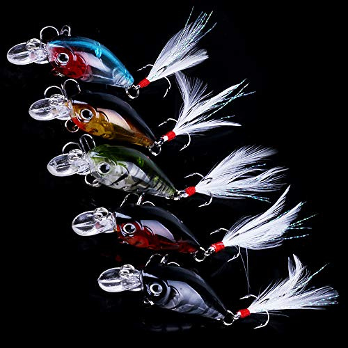 OriGlam 5 Pack Minnow Fishing Lure Crank Bait, Fishing Bass Lures Hard Artificial Bait, Crankbait Fishing Lures Hooks 3D Eyes for Bass Fishing Lure Freshwater and Saltwater