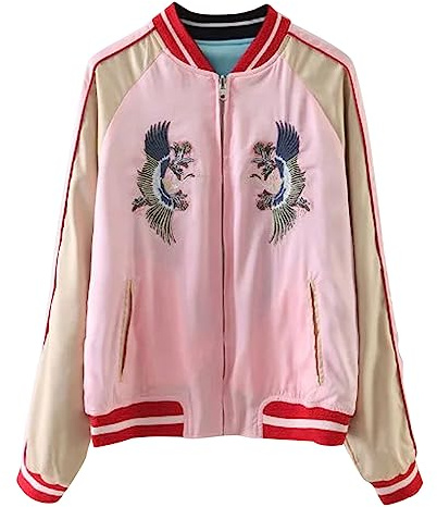 Viport Women's Reversible Crane Tiger Fujiyama Embroidery Bomber Jacket Japanese Style Pink Blue (Large)