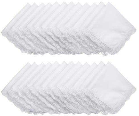 Boao 24 Pieces Ladies Handkerchief with Lace Pure White with Lace Edge Handkerchief for Women(Classic)