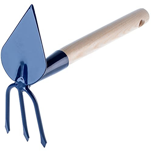 KADAX Azada de metal, azada de jardín con mango de madera, doble azada para jardín para aflojar, ventilar y deshierbar el suelo, azada para malas hierbas (corto, forma de corazón - 3 dientes, con
