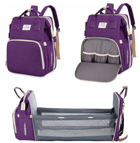 Bibykivn Mochila para Pañales Plegable,Bolsa de Cambio de Pañales Portátil,mochila para bolsa de bebé,Bolsa de Pañales Convertible,Gran Capacidad, Impermeable,para Bebépara cochecito (Morado)
