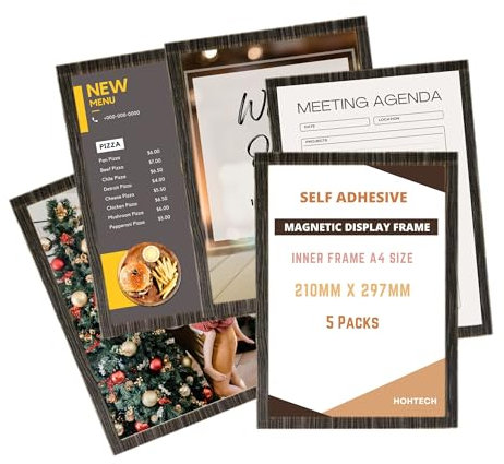 Magnetrahmen Info-Rahmen Selbstklebend mit Magnetschnalle, A4 Info-Rahmen Selbstklebend mit Magnetverschluss (5 Stück), Einstecktasche Infotasche Blatthalter, Schnelles Wechseln von Aushängen