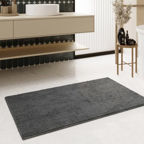Moderner Chenille Badteppich von WECONhome Basics - rutschfest, Waschbar, Saugfähig - Stilvoll für jedes Badezimmer – Balu (50 x 60 cm, grau anthrazit)