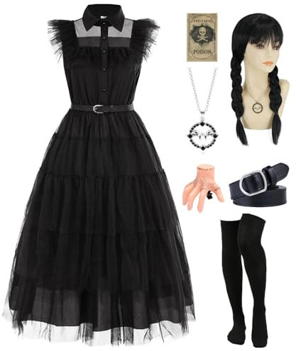 Mercoledì Costume da donna nero gotico costume adulto famiglia cosplay abiti con adesivo parrucca calzini cappuccio carnevale costumi costume per Halloween UX003XL