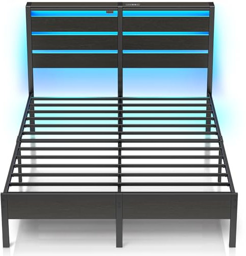 Rolanstar Bettgestell mit LED, Metallbett mit USB-Ladestation & Holzkopfteil mit Stauraum, Doppelbett mit Stauraum unter dem Bett, perfekt für Schlafzimmer, 140 x 200 cm