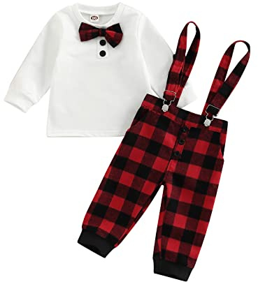 Siyova 2 Pezzi Completo Neonato di Natale Gentiluomo Camicia Manica Lunga con Fiocco+Pantaloni con Bretelle a Quadri Tuta Elegante Bambini 3-18 Mesi