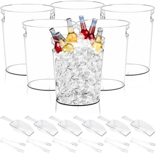 Confezione da 6 secchielli refrigeranti per ghiaccio, 4 l, in acrilico trasparente, per vino e birra, con 6 palette per ghiaccio e 6 pinze, secchielli refrigeranti in plastica con manico, per feste