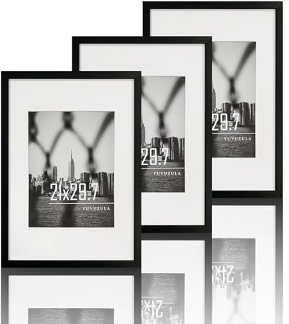 VUVUZULA Bilderrahmen A4 Schwarz 21x30cm 3er Set Fotorahmen Rahmen DIN A4 mit Passepartout Urkunden