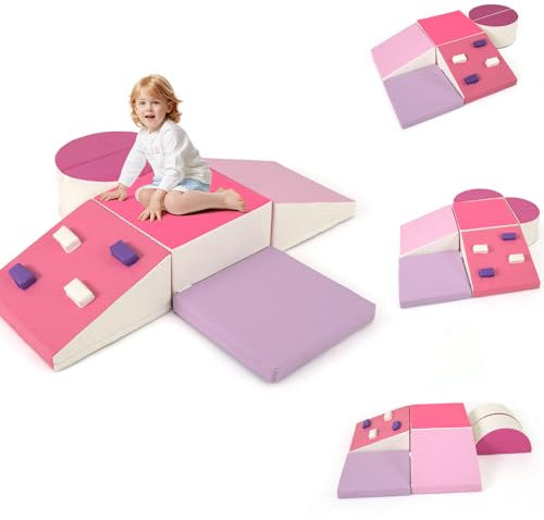 HOMFME Parcours Motricité Bébé en Mousse 6 Pièces, Blocs d’Escalade avec Housse en Cuir et Attaches à Crochets et Boucles, Aire de Jeux à Différentes Formes, Idéal pour Enfants 3 Ans Plus (Rose)