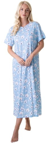 Camille 100% Organic Cotton Ladies Nighties – Full Length Floral Cotton Nightdress in Relaxed Fit Maxi Style with Short Sleeves - Light Blue White 18-20