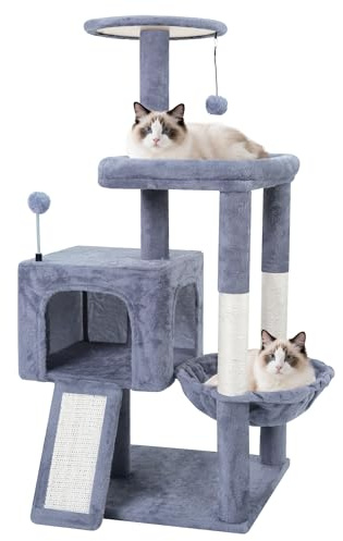 TWDEPART 37.5 All-in-One Cat Tree Tower with Scratching Board & Posts Cozy Sleeping Perch Hammock and Toy Balls,Grey