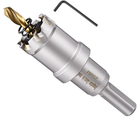 METALLIXITY Hole Saw 25mm (31/32), Heavy Duty Tungsten Carbide with Center Drill Bit Hex Key Spring - Hole Cutters for Thick Stainless Steel Steel Metal Plates. Silver