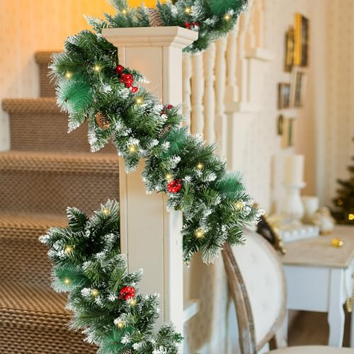 Sggvecsy 9Ft Artificial Christmas Garland with Frosted Pine Needles Pinecones Red Berries Christmas Decoration for Wall Mantle Indoor Fireplace Mantle Home Holiday Decor