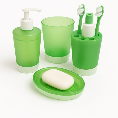 Mypicompany. Juego de Baño Verde de 4 Piezas Plástico Irrompible: Dispensador Jabon Baño, Jabonera Baño, Vaso, Portacepillos. Set Baño Infantil y Adulto. Accesorios baño con Diseño Elegante. (Verde)