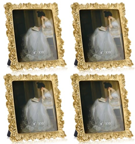 Novabright 4 Pcs 8 x 10 Inches Gold Frames Vintage Antique Ornate Resin Rectangle Gold Picture Photo Frame with Glass Front Backboard for Table Top Display Wall Hanging Home Wedding Hotel Art