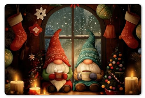 KitchenYeah© Set de 6 Manteles Individuales Plástico 45x30 cm Antimanchas y Antideslizantes Tapete Mesa Comedor Salvamantel Individual PVC Navideños Navidad Gnomos - Ventana - Colorido
