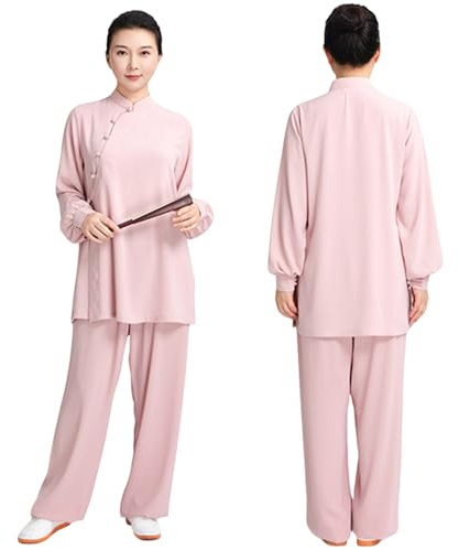 Ropa de Tai Chi, Uniforme Tradicional Chino de Kung Fu para Mujer, Conjunto de Camiseta y Pantalón de Manga Larga para Artes Marciales y Meditación Zen (Pink, S)