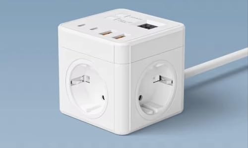 ORION91oficial Regleta de Enchufes Cubo 7 en 1, Blanco, 1.5 Metros, 3 Salidas CA, 2 USB, 2 Tipo C, Pantalla LCD, Protección Sobretensiones, Carga Rápida