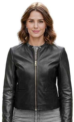 Leatherick Giacca corta in pelle di agnello da donna - Design senza colletto con chiusura frontale con zip e tasche funzionali (Nero) (IT, Testo, M, Regular, Regular)
