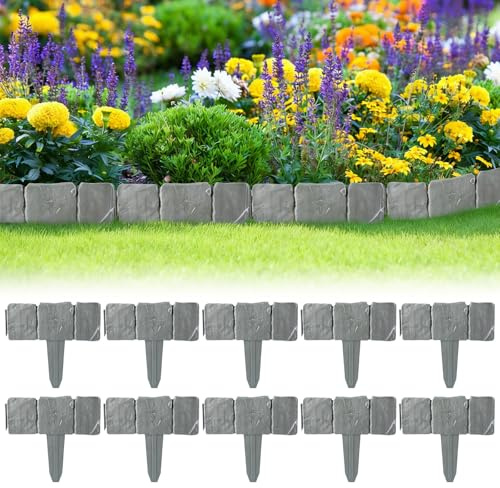 QIANAI 10 Pcs Borde de JardínEfecto de Piedra, Bordillo Jardin Exterior, Bordura JardinExterior, Bordillo de Jardin para Delimitación, Garden Edging, VallaJardin Exterior (Gris)