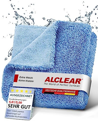 ALCLEAR 820203UB Panno in microfibra blu per auto - Doppio lato, per auto e casa - 40×40 cm, non lascia pelucchi, morbido e lavabile - per vernice, vetro, plastica e interni - Design tedesco
