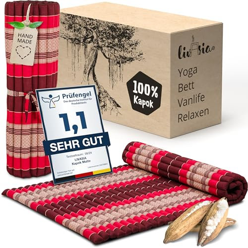 livasia Rollmatte Rollmatratze L breit bequem - 200x110x4,5cm - Gästebett Gästematratze 1 Person, Reisebett Kofferraum outdoor, Thaimatte Kapok Garten Balkon handgefertigt (Rubinrot)