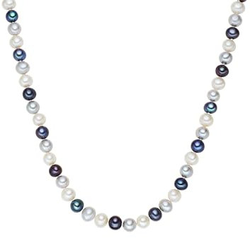Valero Pearls Damen Perlenhalskette Süßwasser-Zuchtperlen 7-8 mm Potato weiß/silber/blau 925 Sterling Silber - Perlenkette geknotet Multicolor