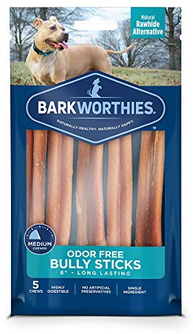 Barkworthies Odor-Free 6 Inch Bully Sticks - 5 Count (Pack of 1) - Protein-Packed, Easily Digestible, All-Natural Rawhide Alternative, Promotes Dental Health