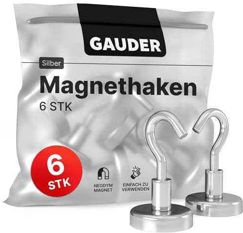GAUDER Strong Magnetic Hooks | Neodymium Hooks for Fridges and Whiteboards | Silver Magnets for Hanging