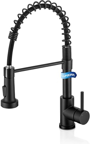 LUFEIDRA Black Kitchen Faucet with Pull Down Sprayer, High Arc Spring 304 Stainless Steel Single Handle 1 or 3 Hole 2 Mode Kitchen Faucets for Farmhouse RV Camper Laundry Wet Bar